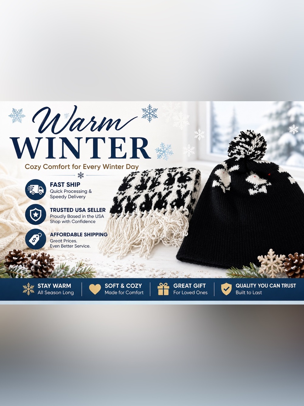 Black White Knit Winter Set Pom Pom Cap Tassel Fringe Scarf Cozy Matching Set